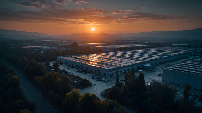 A vast warehouse complex showcases solar panels reflcting sunlight, nestled amng trees and grassy areas uring a picturesque sunsetin an industrial zone