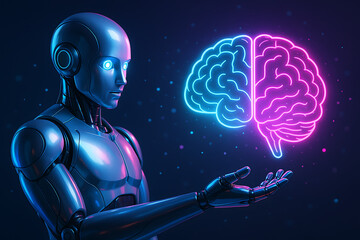 a sleek, metallic humanoid robot illustration holding a glowing neon-style human brain in its outstretched hand, symbolizing artificial intelligence and deep learning technology