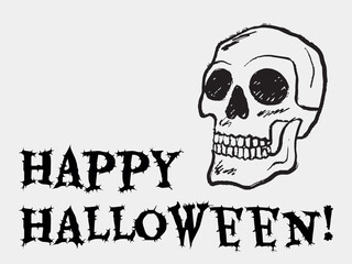 Hand drawn happy Halloween greeting card with human skull. Vector sketch illustration in vintage crayon charcoal style. Halloween print design