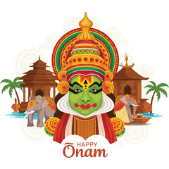 Onam festival celebration is beautifully depicted through a vibrant Kathakali face in a flat 2D vector illustration, showcasing traditional Indian culture on a plain white background.