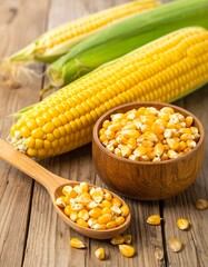Corn kernels and cobs on wooden table