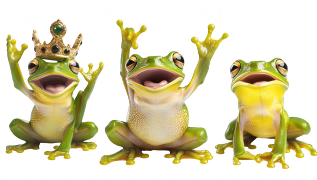 Three cheerful green frogs with exaggerated expressions. one wearing a crown. celebrating in a whimsical setting. joy and playfulness. ideal for childrens media or nature-themed projects