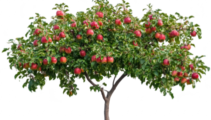 A apple tree laden with ripe red apples stands prominently against a white background. its lush green leaves and inviting a sense of abundance and harvest