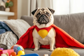 Adorable pug in red superhero costume on sofa