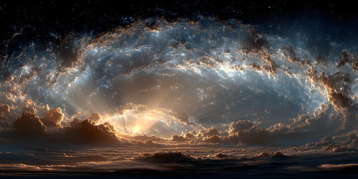 360 degree space nebula. Giant interstellar cloud with stars, equirectangular projection, environment map. Spherical panorama. 3D rendering, Fractal image