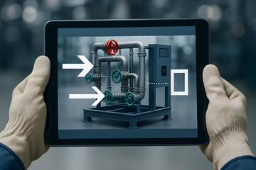 Hands wearing beige gloves hold a tablet displaying an augmented reality view of industrial pipes and valves with arrows