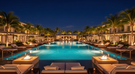 A luxurious resort swimming pool illuminated at night, surrounded by palm trees, lounge chairs, and buildings with warm lighting.