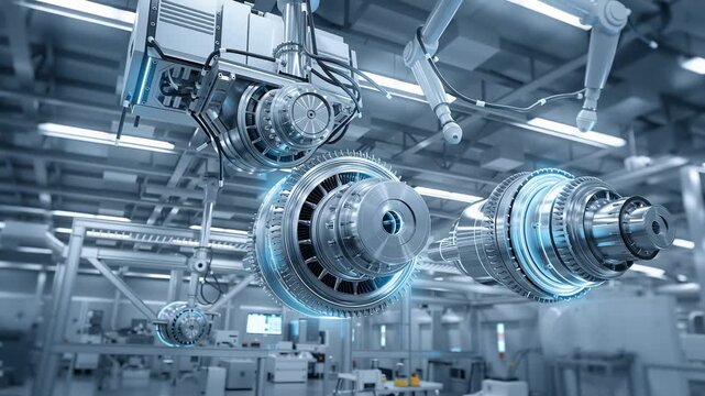 Futuristic engine manufacturing technology on robot assembly line, powerful innovation in industrial automation for high tech aerospace and automotive industry production