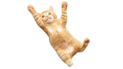 A playful orange tabby cat lying on its back with paws raised. its adorable belly. in a bright and simple setting. perfect for pet-themed content or animal lovers
