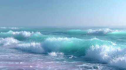 Turquoise Ocean Waves Crashing onto Sandy Shoreline Under Clear Sky