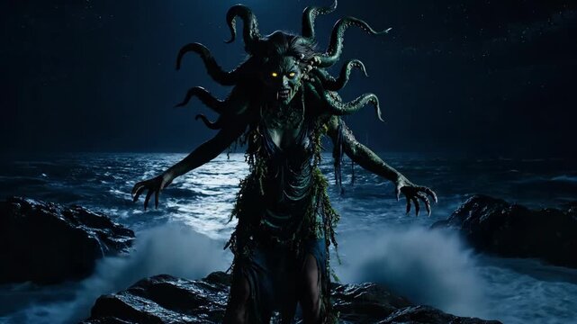 Sea Witch Transformation at Midnight - A terrifying sea witch with octopus tentacles for hair emerges from the crashing waves under a dark, starry sky.