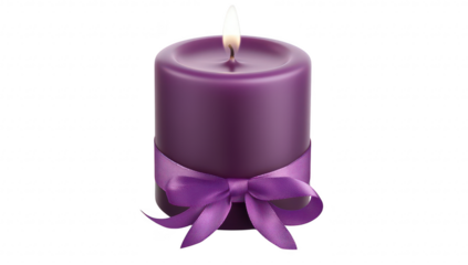 A beautifully crafted purple candle with a satin ribbon tied around it. glowing softly in a serene setting. perfect for relaxation or decorative purposes in home interiors