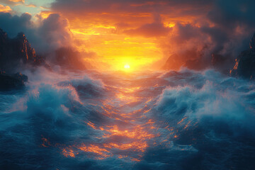Fototapeta premium Ultra-Realistic Ocean Scene with Cinematic Lighting and Crashing Waves
