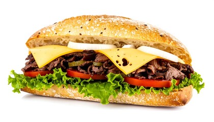 Close-up of a beef sandwich on a long roll