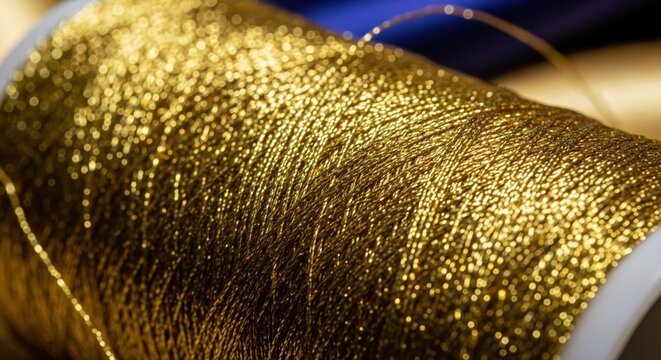 A shimmering spool of luxurious gold metallic thread, perfect for elegant embroidery and sophisticated decorative crafting projects, reflecting light beautifully. - Powered by Adobe
