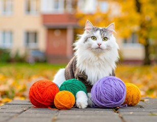 Fluffy cat with colorful yarn
