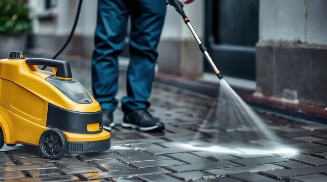 Power washing warden cobble stone paths. Outdoor cleaning using pressure washer.