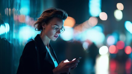 Woman checking her phone on a busy urban street at night with vibrant lights