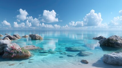 Fototapeta premium Turquoise Ocean with White Clouds over Horizon in HDR Serene Seascapes and Shoreline Rocks on Sunny Day