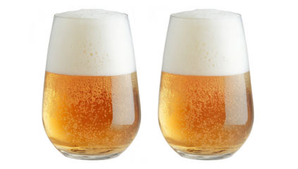 Two frosty glasses of beer filled with golden liquid and a creamy foam head. positioned on a reflective surface. with a soft focus background suggesting a lively pub atmosphere