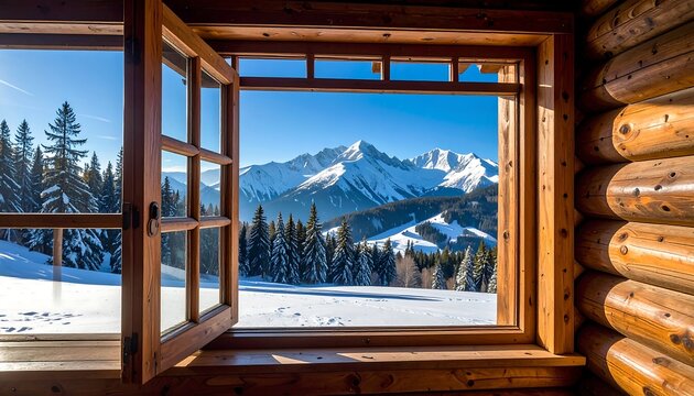 Panoramic winter mountain view from a log cabin window - Powered by Adobe
