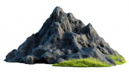 A rugged mountain formation with textured rocky surfaces and patches of green grass at the base. set against a bright white backdrop. ideal for nature-themed projects or backgrounds