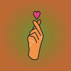 Cute finger heart symbol with a pink heart illustration symbolizing love and affection perfect for digital art and valentines day themes against a warm gradient background