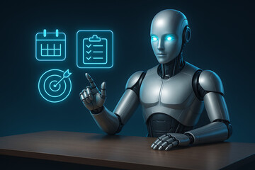 Advanced humanoid robot pointing to glowing calendar checklist and target icons symbolizing ai in planning management and goal setting tasks illustration