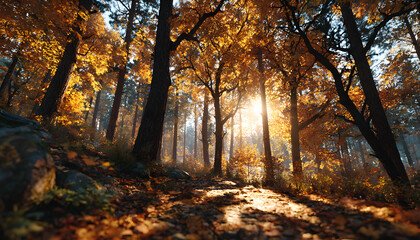Obraz premium Forest Canopy in Perfect Sunlight Shadow. Autumn Equinox Day concept. Generated Image