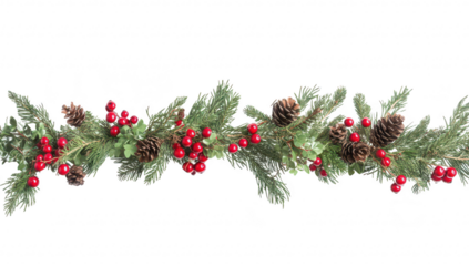 A beautifully arranged festive garland featuring green pine branches. red berries. and pine cones. perfect for holiday decorations and enhancing seasonal ambiance in homes or events