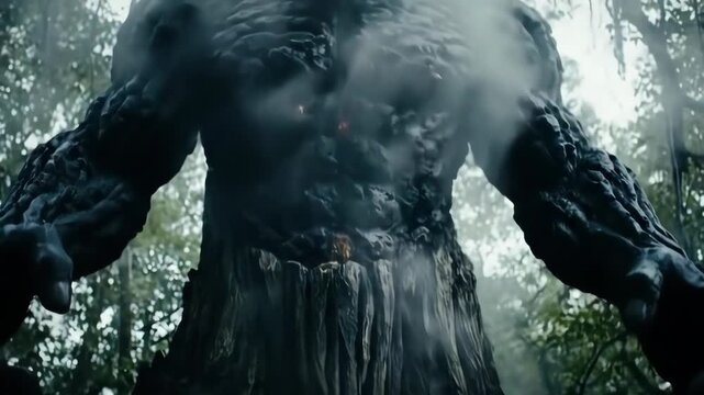 Giant Transformation in Smoke-Filled Forest - A mysterious figure is shrouded in thick smoke within a dense forest, hinting at a magical transformation or a mythical creature emerging from the woods.