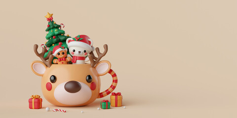 3d illustration, Christmas theme, Cute Christmas bear and gingerbread man with Christmas tree in a Christmas mug
