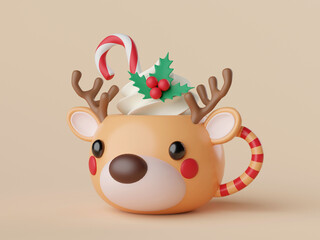 3d illustration Christmas theme, Cute reindeer Christmas mug