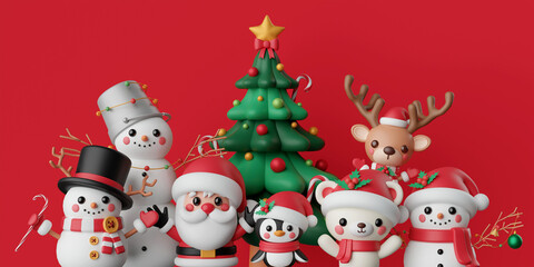 Christmas theme banner, Santa Claus, reindeer, snowman, penguin with Christmas tree on red background, 3d illustration