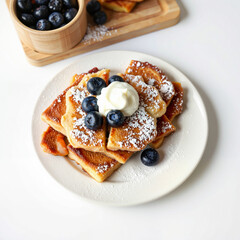 Kaiserschmarrn pancake dessert Delicious French toast with blueberries and whipped cream on plate  