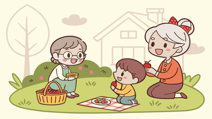 Cute cartoon illustration of two grandmothers and a child enjoying a happy family picnic with fresh apples.
