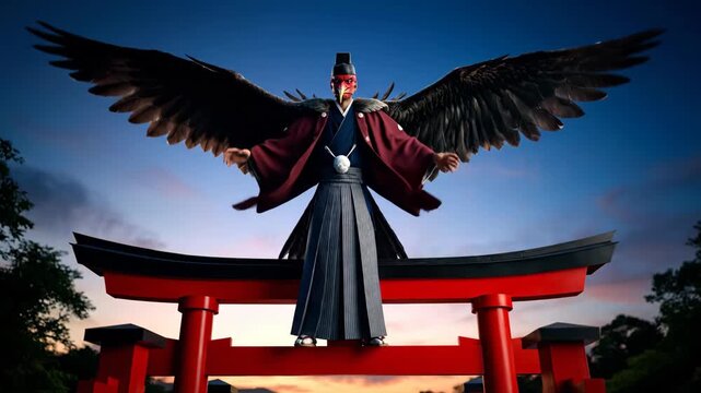 Tengu Transformation at Dusk - An Asian man with bird-like wings stands on a red torii gate at sunset. He wears traditional Japanese clothing and a mask, transforming into a mythical tengu creature.