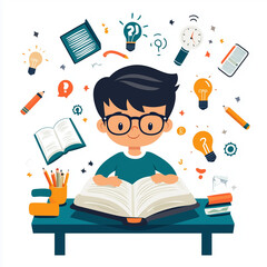 Young boy reading book with study materials and ideas around him  
