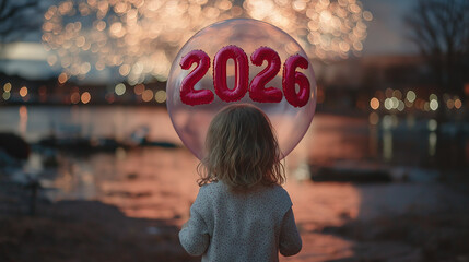 Young child holding 2026 balloon while watching fireworks by water  