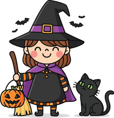 A cartoon witch with a black cat and a pumpkin bucket stands against a white background with bats