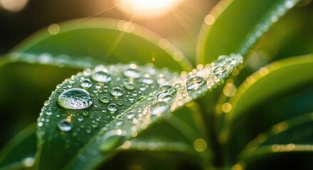 Close-up of a green leaf covered in water droplets, illuminated by sunlight creating a bokeh effect.