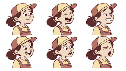 Cartoon Girl in Various Expressions Wearing Cap and Overalls.