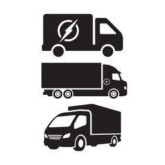 Black silhouette set of delivery trucks, cargo vans, and transport lorries