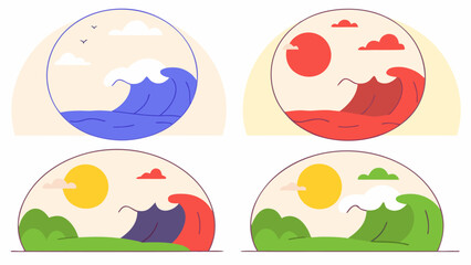 Four Colorful Cartoon Ocean Wave Scenes with Different Weather Conditions.