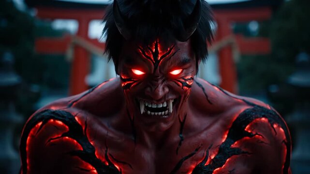 Oni Transformation at Shrine - Close-up of a man in traditional Japanese clothing, blood on his face, transforming into an oni at a shrine. The background features a blurred red torii gate.