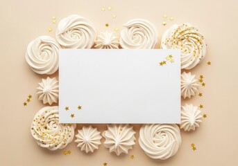 Meringues  gold stars frame blank white rectangle on beige background