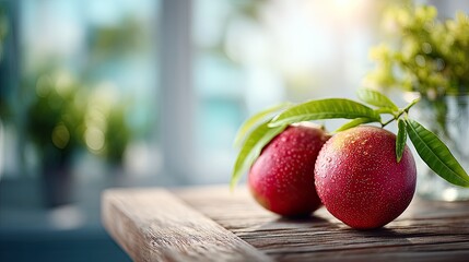 Two Fresh Red Mangoes with Green Leaves on Rustic Wooden Table with Bokeh Background