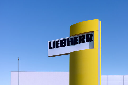 Poznan, Poland - September 24, 2025. Liebherr logo on a pylon - Liebherr is a German-Swiss manufacturer of cranes, heavy construction and agriculture machinery, aircraft equipment and refrigerators.