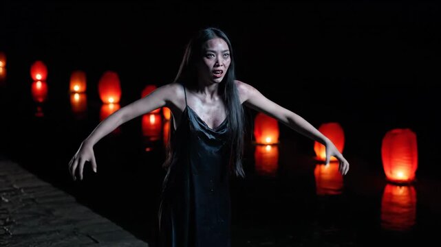 Hungry Ghost Woman by River Lanterns - A distressed Asian woman in a dark dress stands by a river at night, illuminated by floating lanterns.
