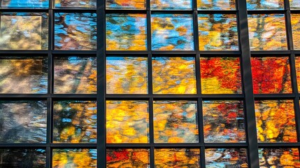 Autumn Leaves Reflected in Paned Window Abstract Art
